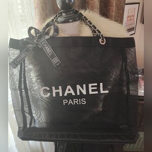 CC Black Mesh Tote with White Accents And Cosmetics Pouch